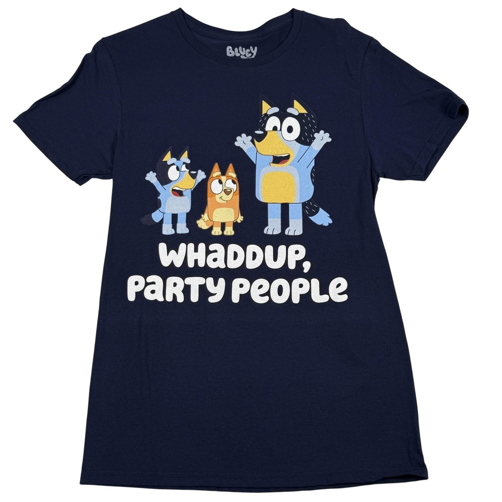 Bluey Shirt Womens Small Navy Whaddup Party People Graphic Tee Cartoon Bluey